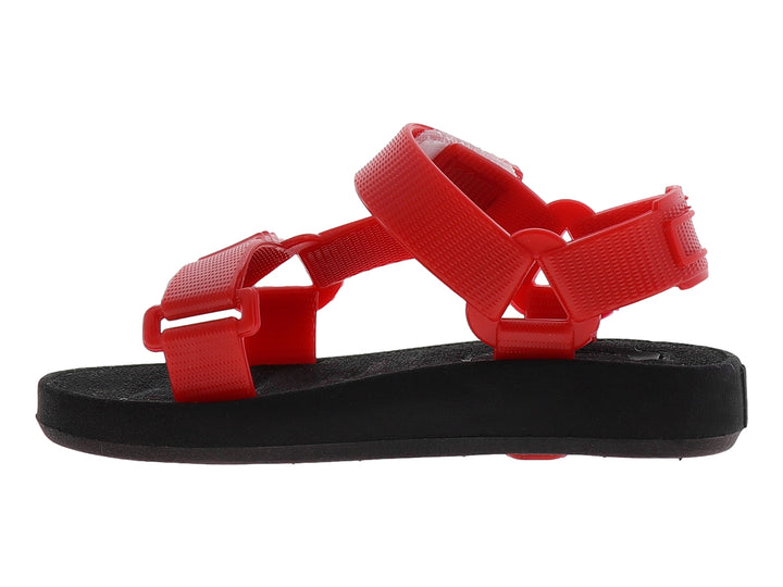 Sandalia infantil de color rojo y negro con correas ajustables y suela negra.