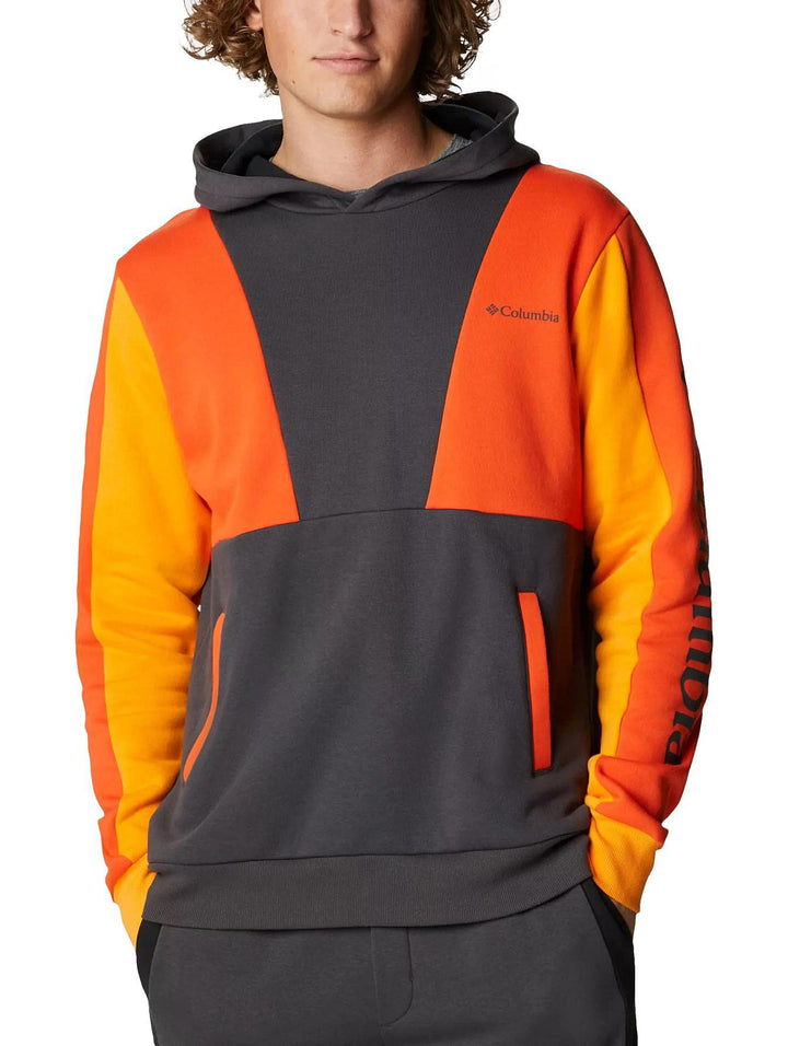 Sudadera con capucha Columbia en colores gris y naranja con diseño de bloques de color.