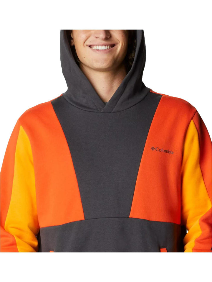 Sudadera con capucha Columbia en colores gris y naranja con diseño de bloques de color.