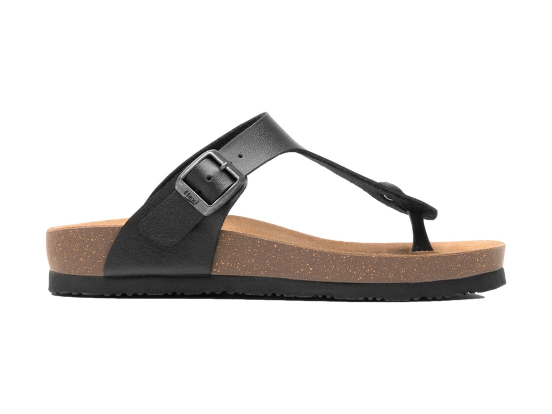 Sandalia Flexi color negro con plantilla beige y correa ajustable con hebilla.