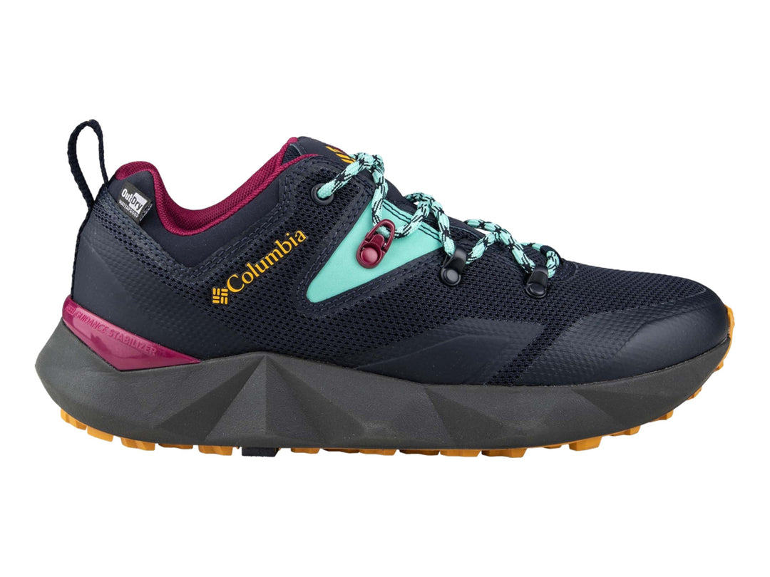 Tenis deportivos Columbia color azul marino con detalles en dorado, turquesa y magenta.
