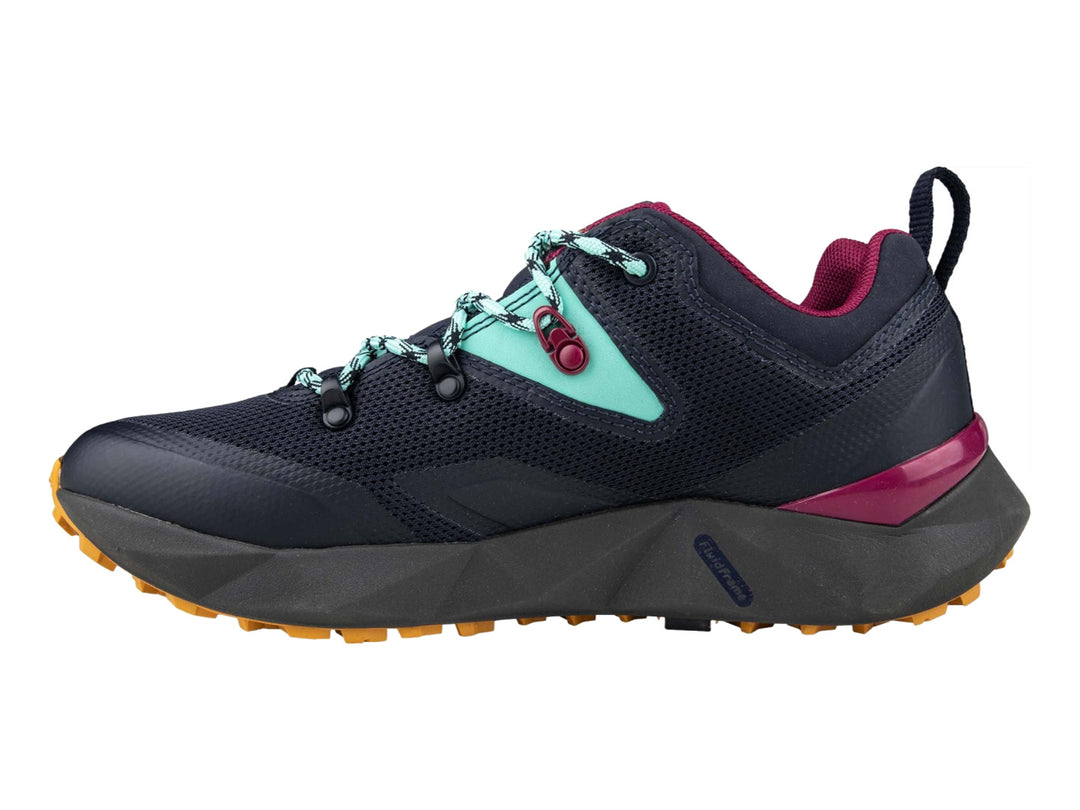 Tenis deportivos Columbia color azul marino con detalles en dorado, turquesa y magenta.