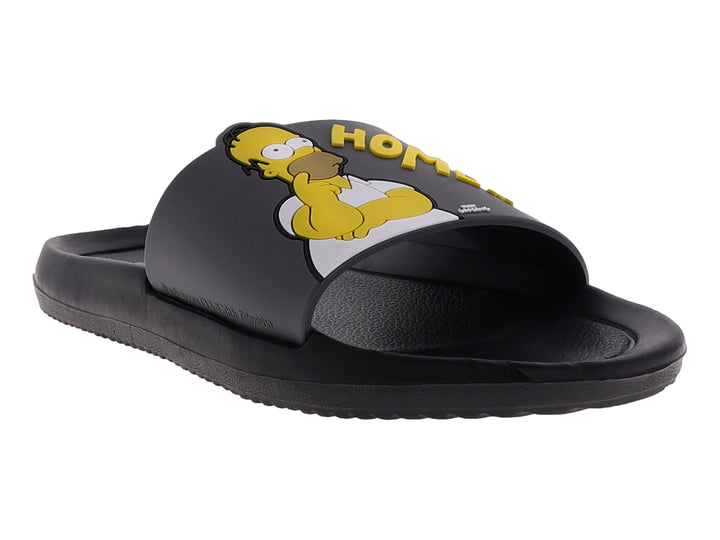 Sandalia slide negra con estampado de Homer Simpson en la parte superior.