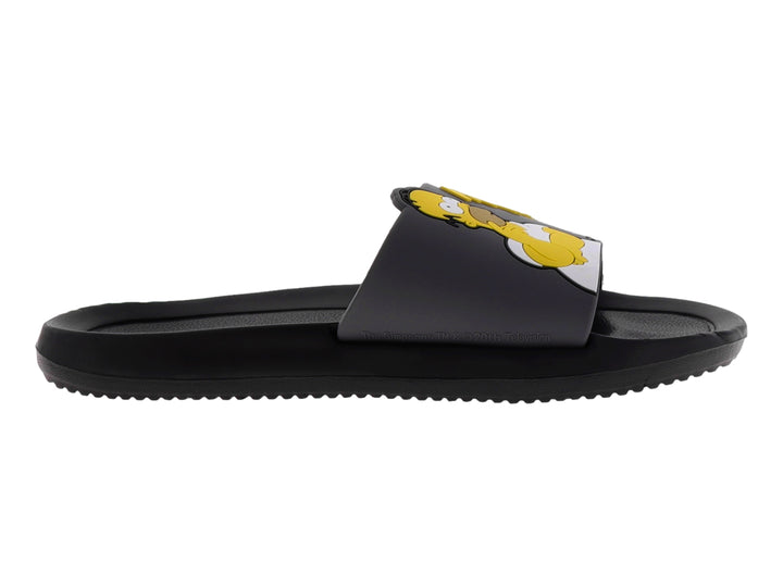 Sandalia slide negra con estampado de Homer Simpson en la parte superior.
