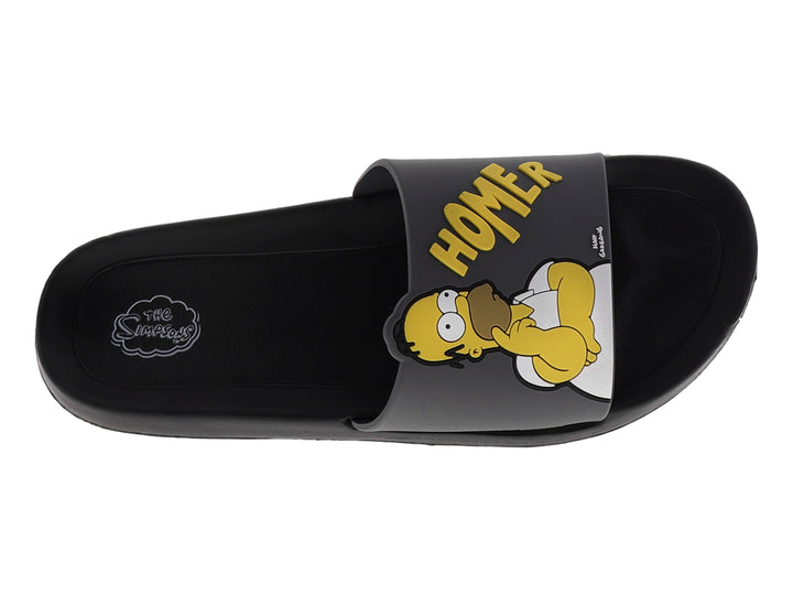 Sandalia slide negra con estampado de Homer Simpson en la parte superior.