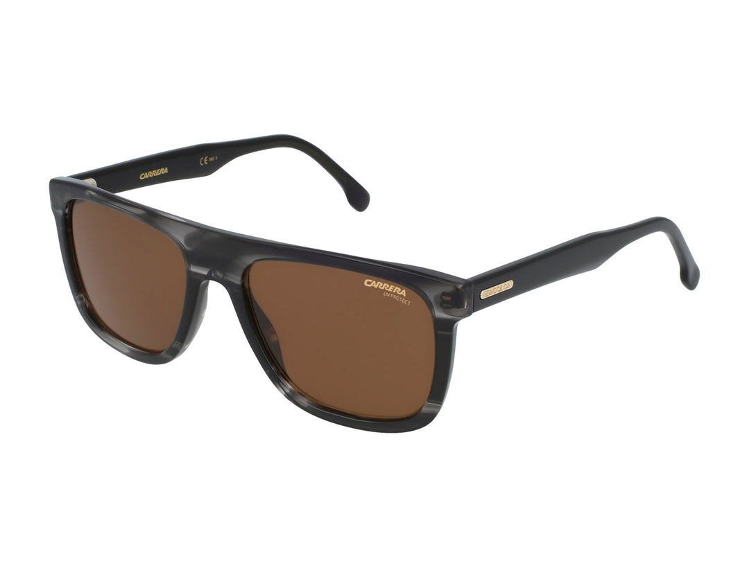 Lentes de sol Carrera para mujer con montura rectangular gris oscuro y cristales marrones.
