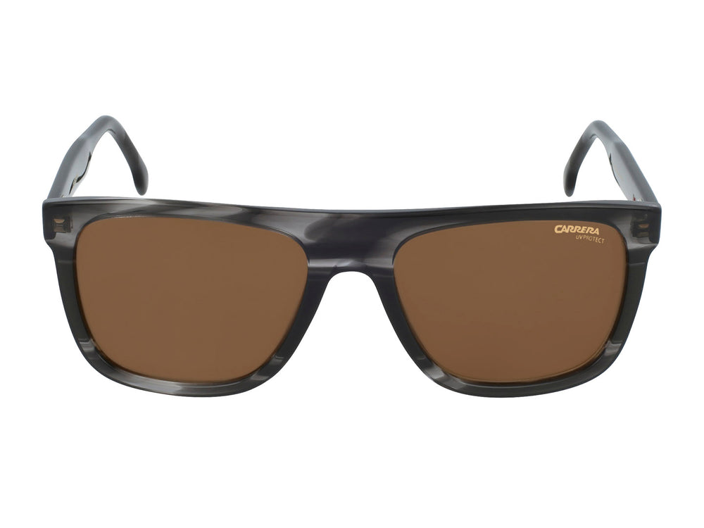 Lentes de sol Carrera para mujer con montura rectangular gris oscuro y cristales marrones.