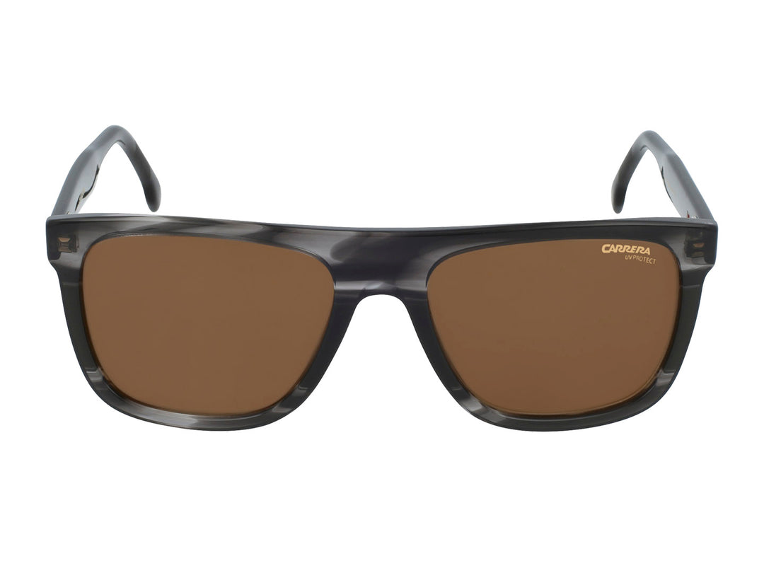 Lentes de sol Carrera para mujer con montura rectangular gris oscuro y cristales marrones.