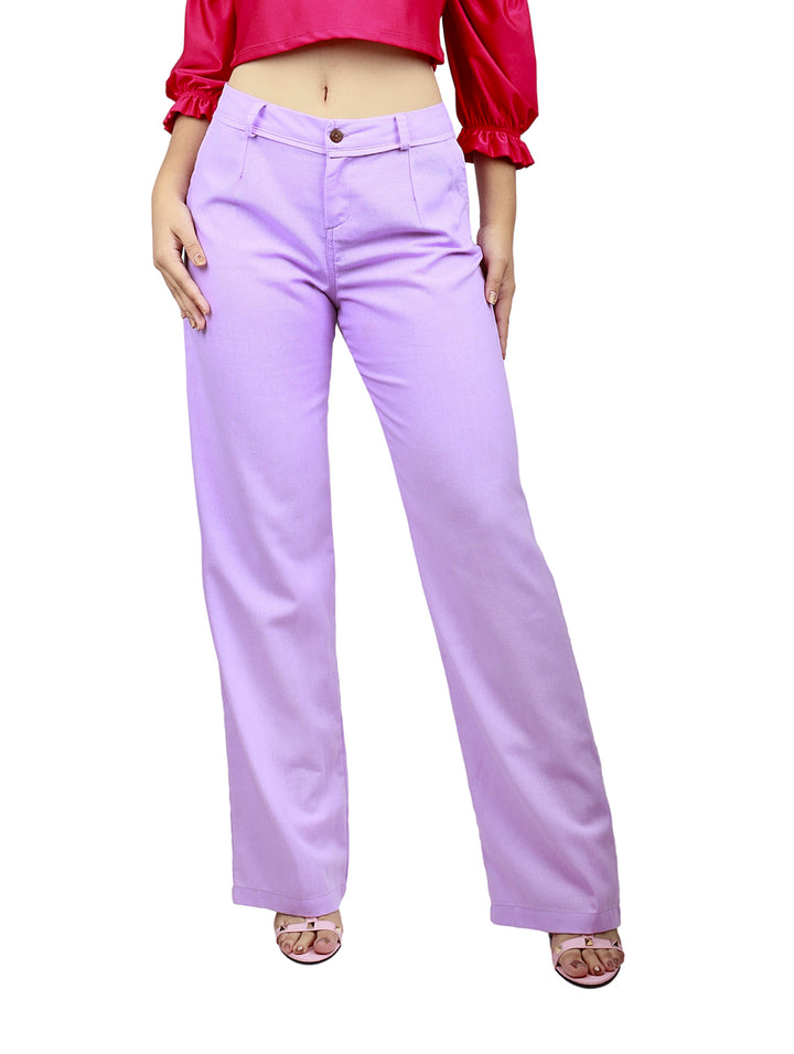 Pantalón de lino color lila de pierna ancha y cintura alta para mujer.