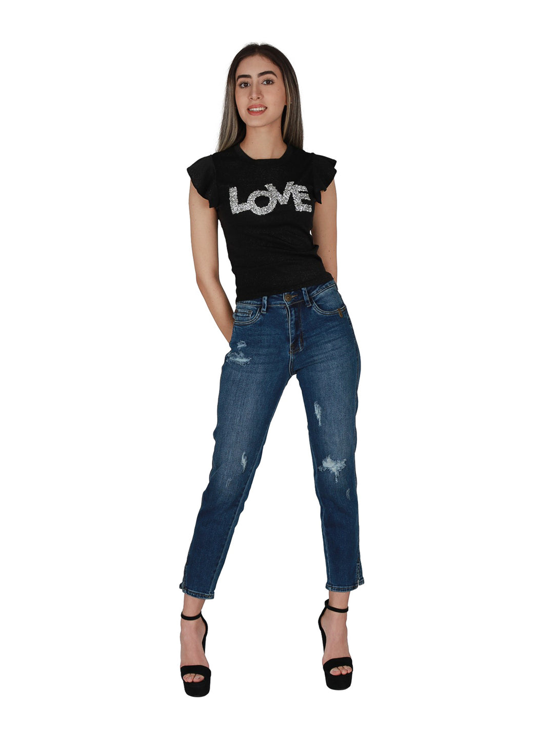 Pantalones de mezclilla azul estilo stone con detalles de destrucción y corte ajustado para mujer.