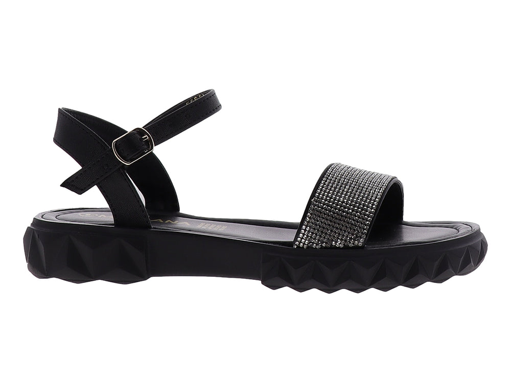 Sandalias negras para niña con plataforma dentada y tira frontal plateada brillante con cierre de hebilla.