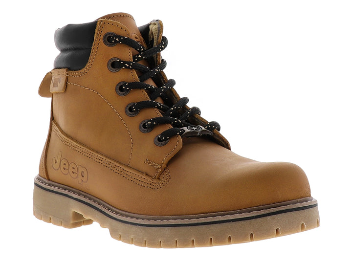 Botas Jeep Fleetvan para hombre en color miel con cuello negro y suela gruesa.