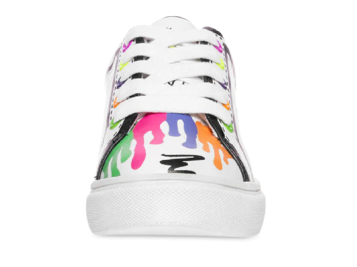 Tenis blancos para Niño con detalles coloridos tipo grafiti y agujetas multicolores.