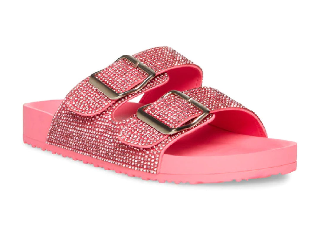 Sandalias rosa con correas de pedrería brillante y hebillas doradas.