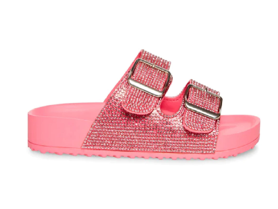 Sandalias rosa con correas de pedrería brillante y hebillas doradas.