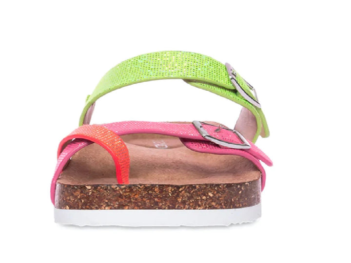 Sandalias Steve Madden con plataforma de corcho y correas brillantes en colores verde y rosa.