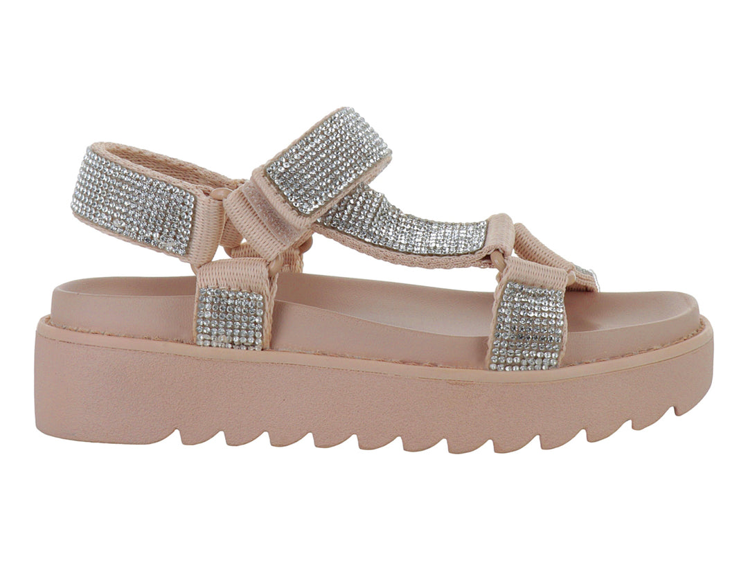 Sandalia Steve Madden color blush con correas brillantes y suela de plataforma gruesa dentada.