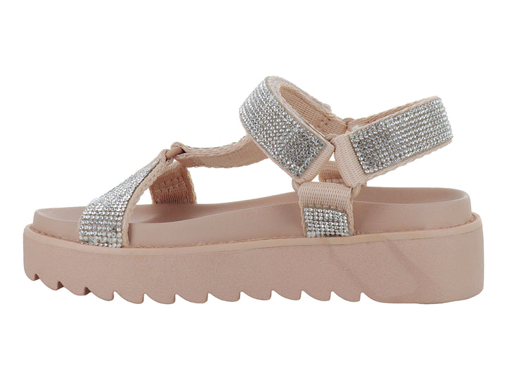 Sandalia Steve Madden color blush con correas brillantes y suela de plataforma gruesa dentada.