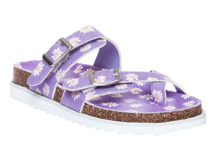 Sandalias moradas con estampado de margaritas blancas, suela de corcho y hebillas plateadas.