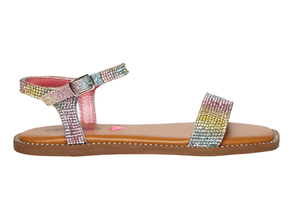 Sandalia plana para niña con correas decoradas con brillantes multicolores y suela marrón.