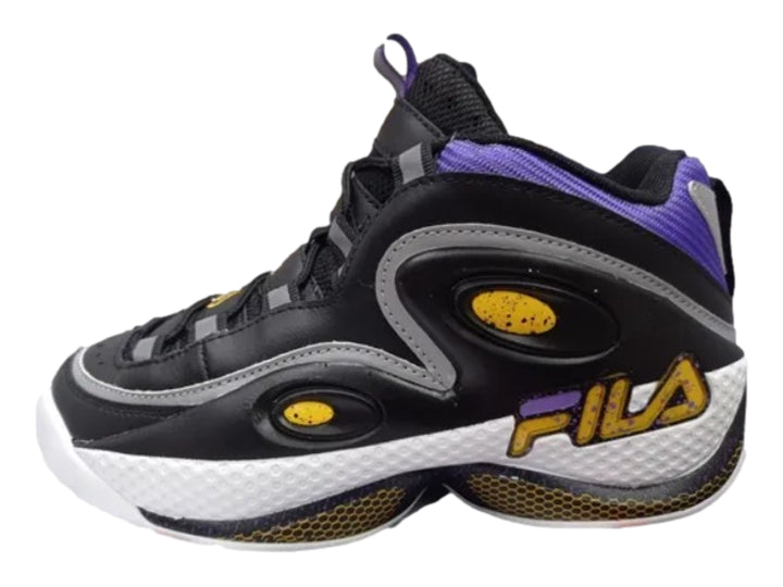 Tenis deportivos FILA Grant Hill 3 para hombre en color negro, gris y blanco con detalles morados y amarillos.