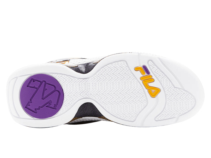 Tenis deportivos FILA Grant Hill 3 para hombre en color negro, gris y blanco con detalles morados y amarillos.