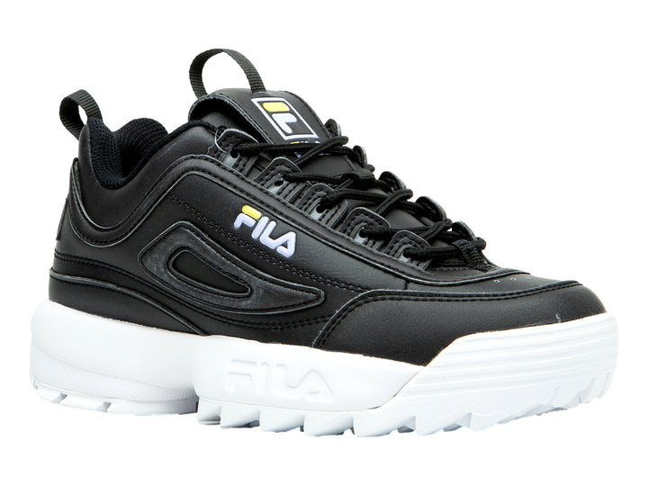 Tenis FILA Disruptor II color negro con suela blanca gruesa y dentada.