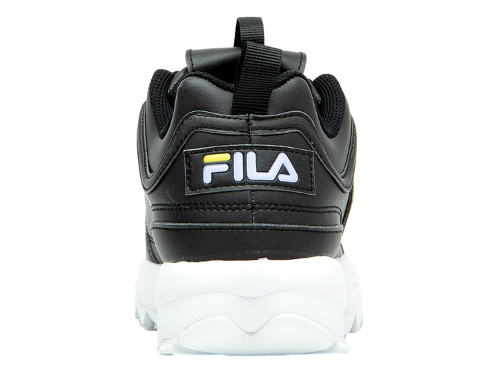 Tenis FILA Disruptor II color negro con suela blanca gruesa y dentada.