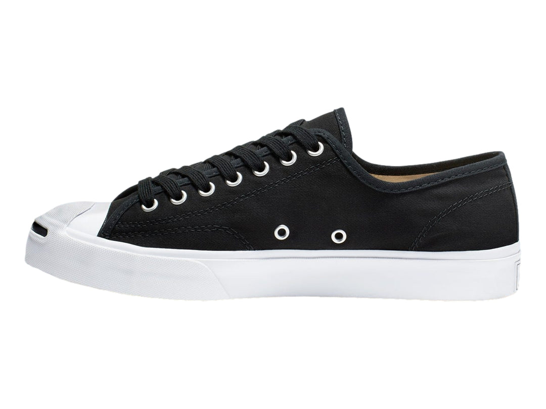 Tenis Converse Jack Purcell de color negro con suela y punta blanca, vista lateral.