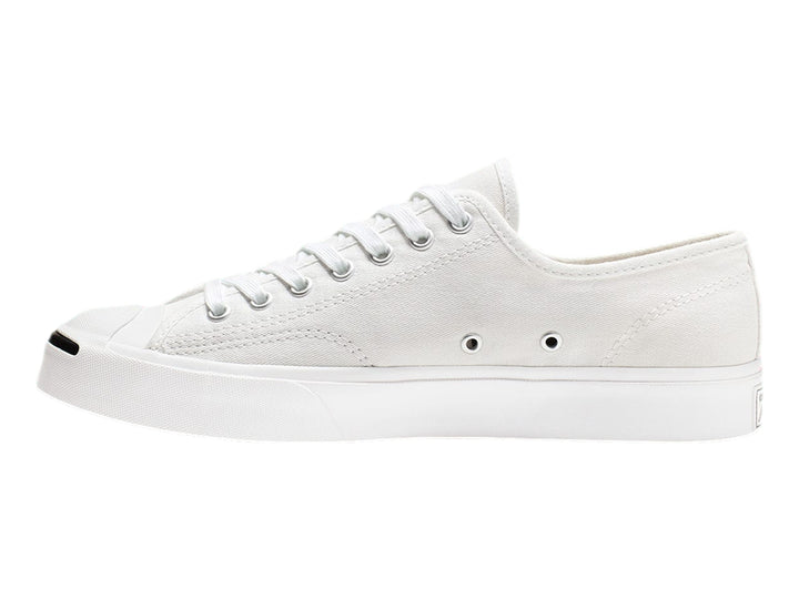 Tenis Converse Jack Purcell blancos de lona con suela blanca y punta redondeada.