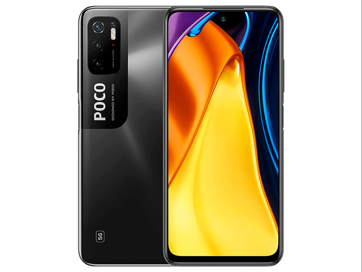 Smartphone Xiaomi Poco M3 Pro en color negro, vista frontal y posterior.