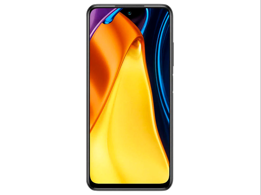 Smartphone Xiaomi Poco M3 Pro en color negro, vista frontal y posterior.