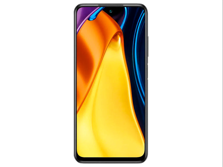 Smartphone Xiaomi Poco M3 Pro en color negro, vista frontal y posterior.