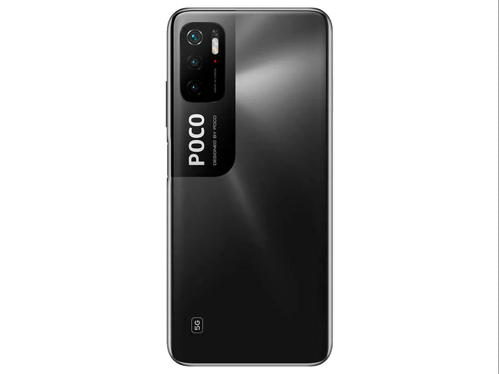 Smartphone Xiaomi Poco M3 Pro en color negro, vista frontal y posterior.