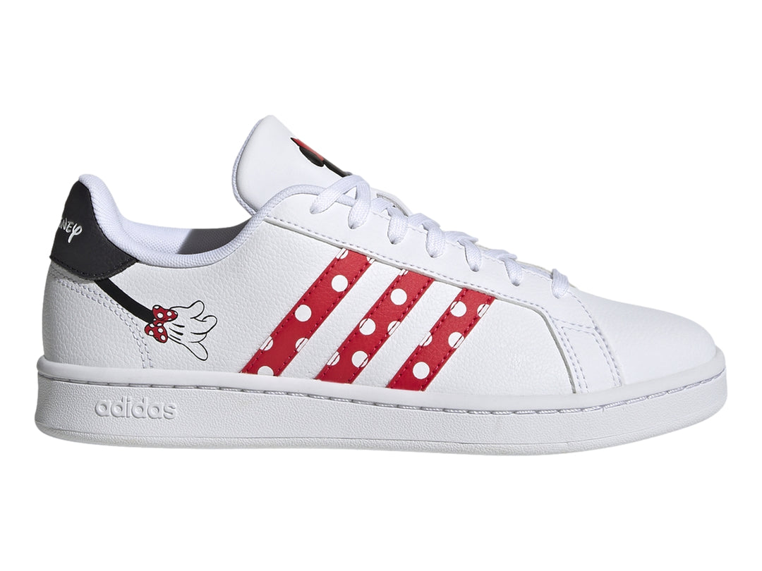Tenis Adidas Grand Court blancos para mujer con rayas rojas y detalles de Minnie Mouse.