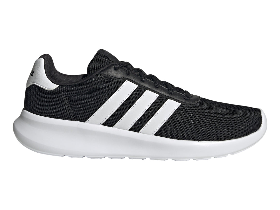 Tenis Adidas Lite Racer 3.0 en color negro con tres franjas blancas y suela blanca.
