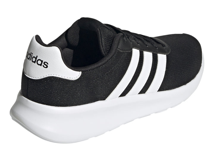 Tenis Adidas Lite Racer 3.0 en color negro con tres franjas blancas y suela blanca.