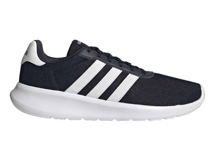 Tenis deportivos Adidas Lite Racer 3.0 color azul marino con franjas y suela blanca.