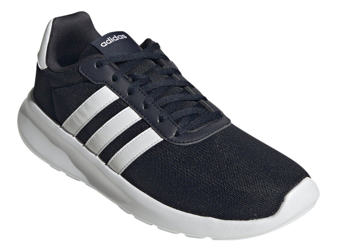 Tenis deportivos Adidas Lite Racer 3.0 color azul marino con franjas y suela blanca.