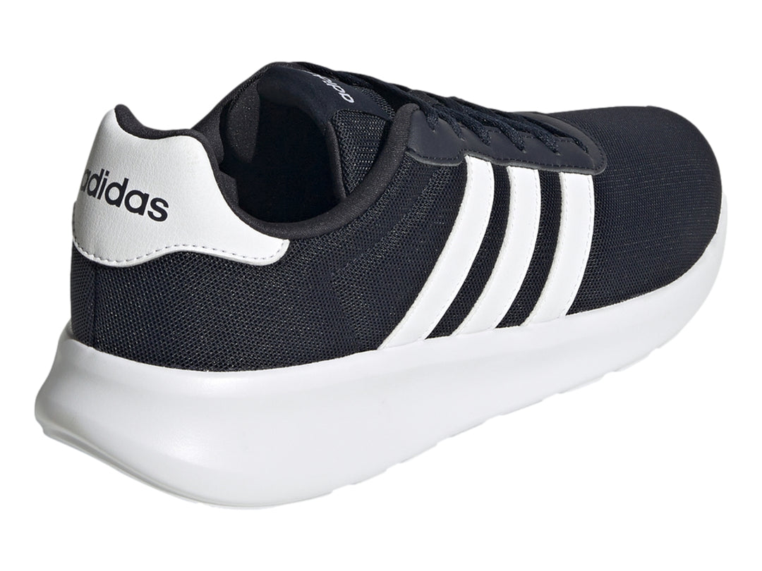 Tenis deportivos Adidas Lite Racer 3.0 color azul marino con franjas y suela blanca.
