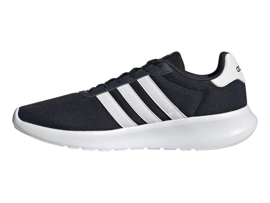 Tenis deportivos Adidas Lite Racer 3.0 color azul marino con franjas y suela blanca.