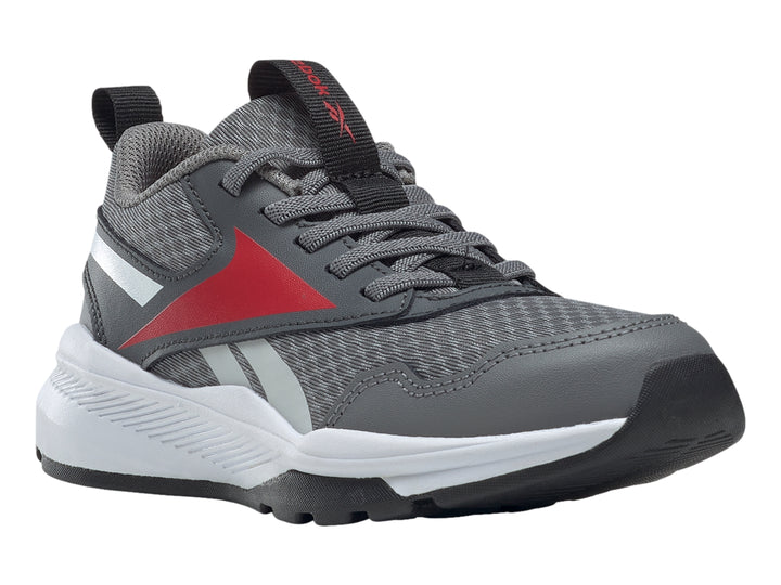 Tenis deportivos Reebok color gris con detalles en rojo y blanco, vista lateral.
