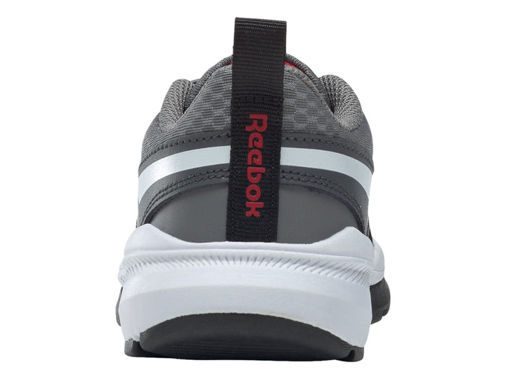 Tenis deportivos Reebok color gris con detalles en rojo y blanco, vista lateral.