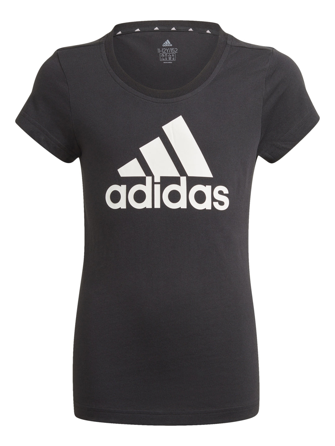 Camiseta deportiva Adidas de color negro con logotipo blanco en el pecho y cuello redondo.
