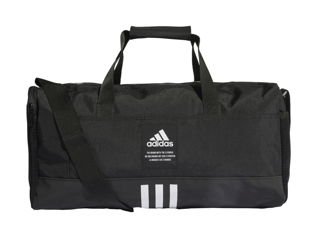 Bolsa de deporte Adidas color negro con logotipo blanco y tres franjas decorativas en la parte inferior.