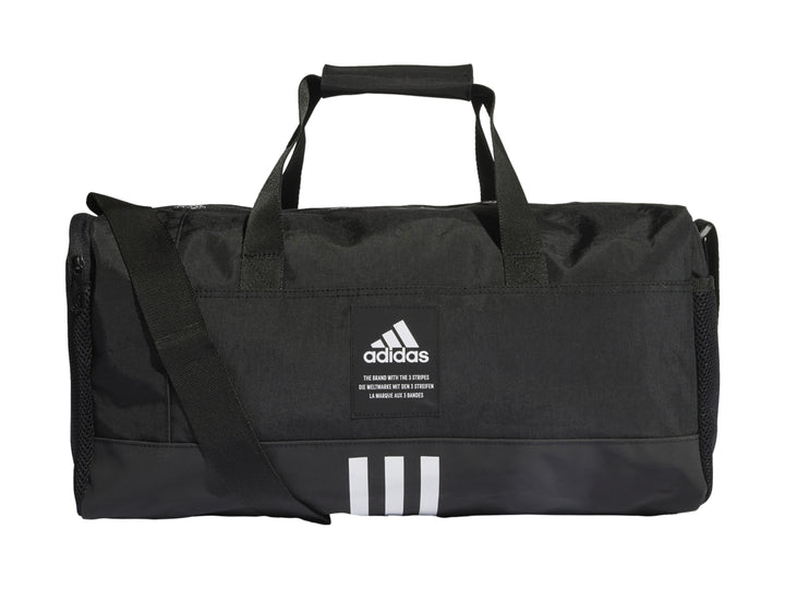 Bolsa de deporte Adidas color negro con logotipo blanco y tres franjas decorativas en la parte inferior.