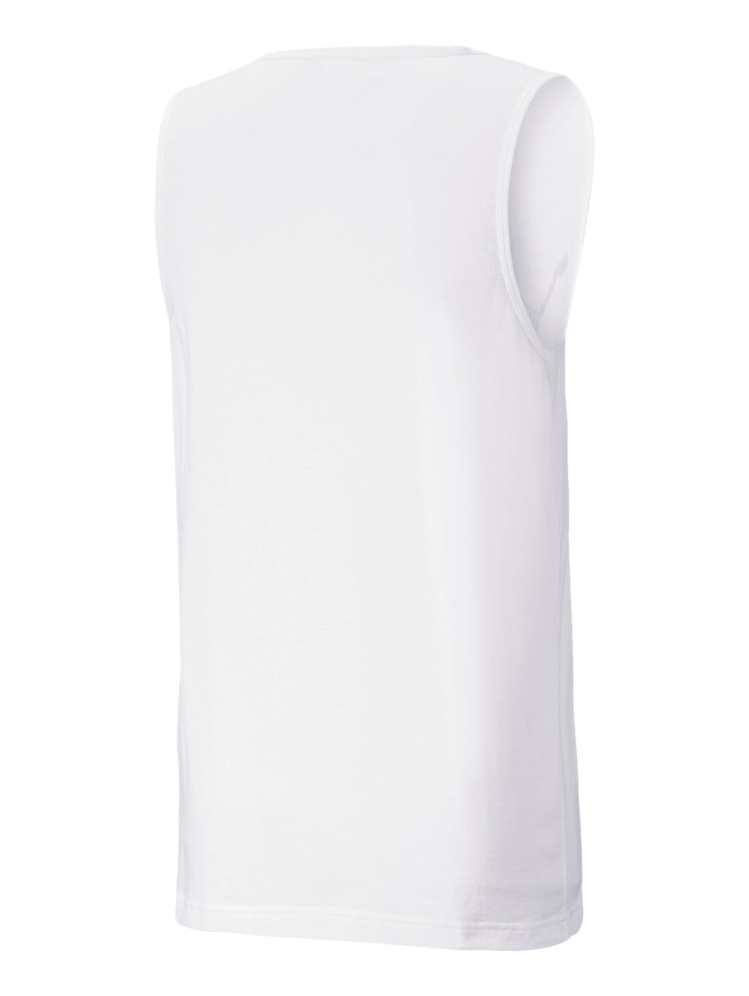Hombre vistiendo una camiseta sin mangas PUMA de color blanco con logotipo negro en el pecho.