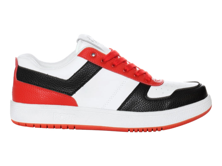 Tenis deportivos PONY en colores blanco, negro y rojo con suela roja y cordones rojos.
