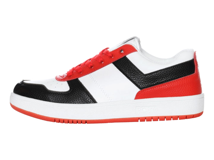 Tenis deportivos PONY en colores blanco, negro y rojo con suela roja y cordones rojos.