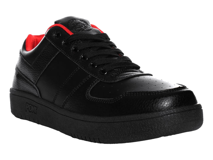 Tenis PONY color negro con interior rojo, diseño deportivo de corte bajo y suela gruesa.